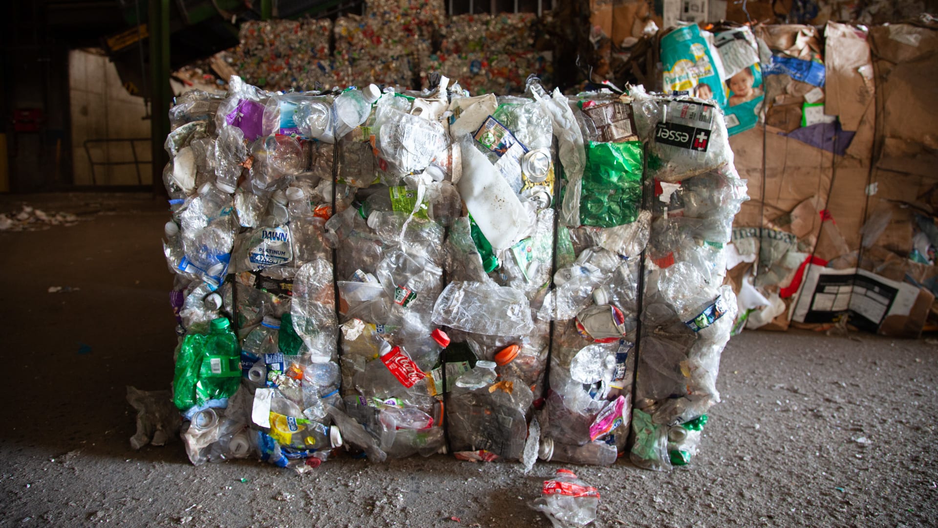 Photo of the interior of an industrial recycling facility. The left side of the photo is dominated by a large conveyor belt that is bringing trash up from ground level, about 20 feet below.