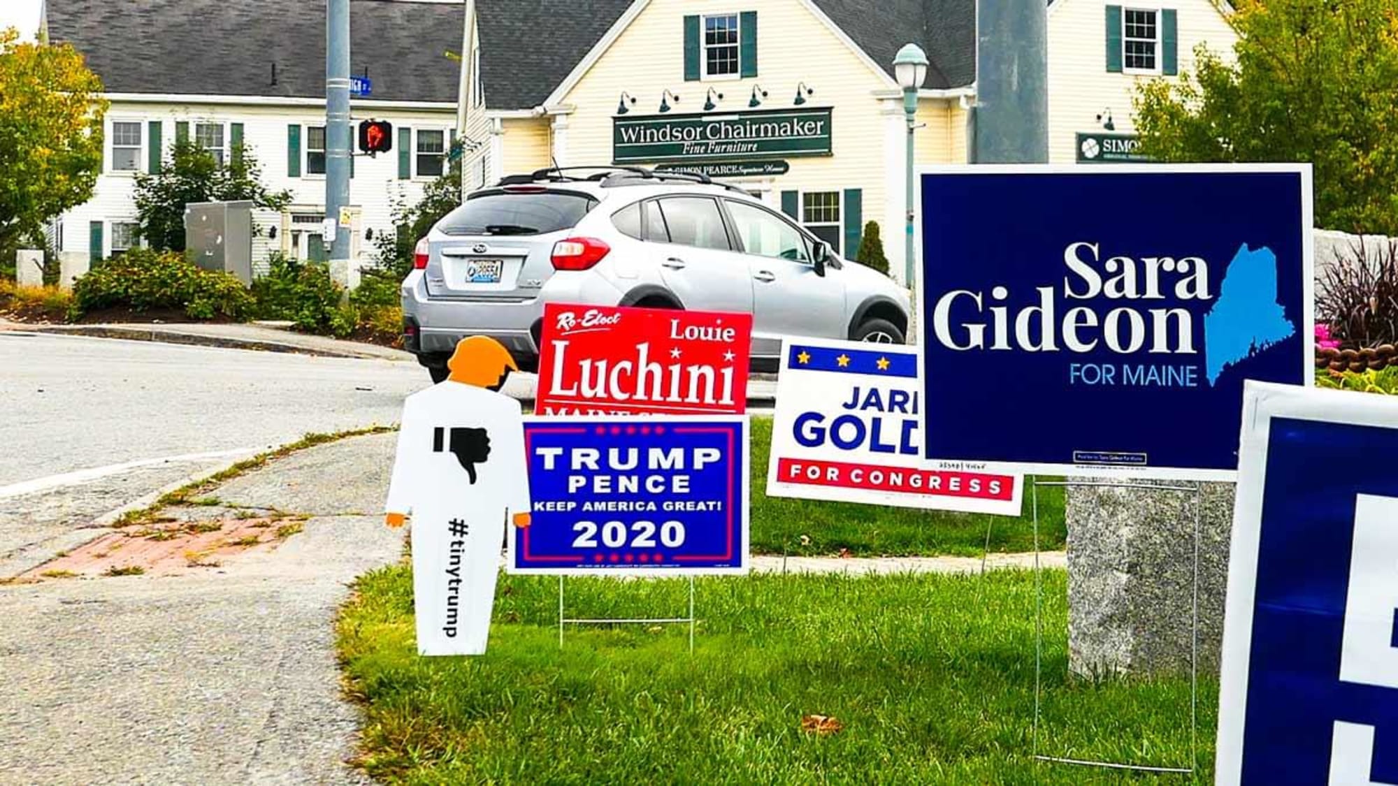 Photograph of a tiny trump lawn sign in a crowded jumble of other Democrat and Republican campaign signs. Needless to say, it stands out:)