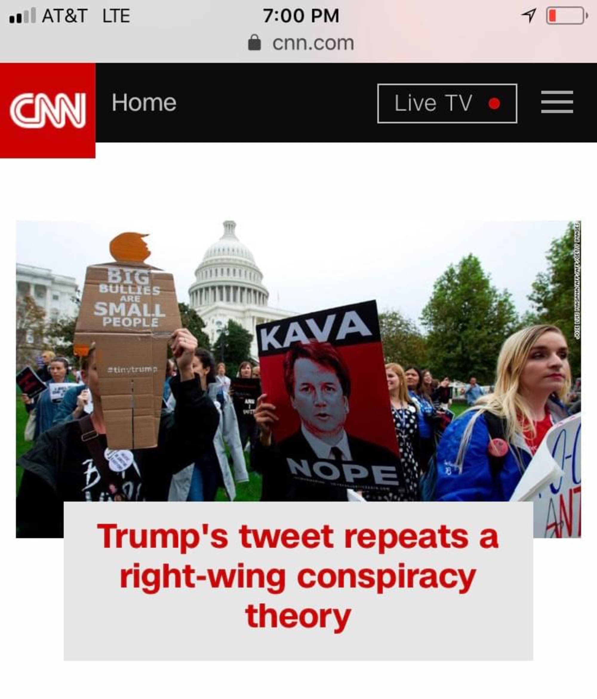 Screenshot of CNN.com on a mobile device showing a protest in front of the Capitol Building with one activist holding up a tiny trump with the slogan Big Bullies Are Small People