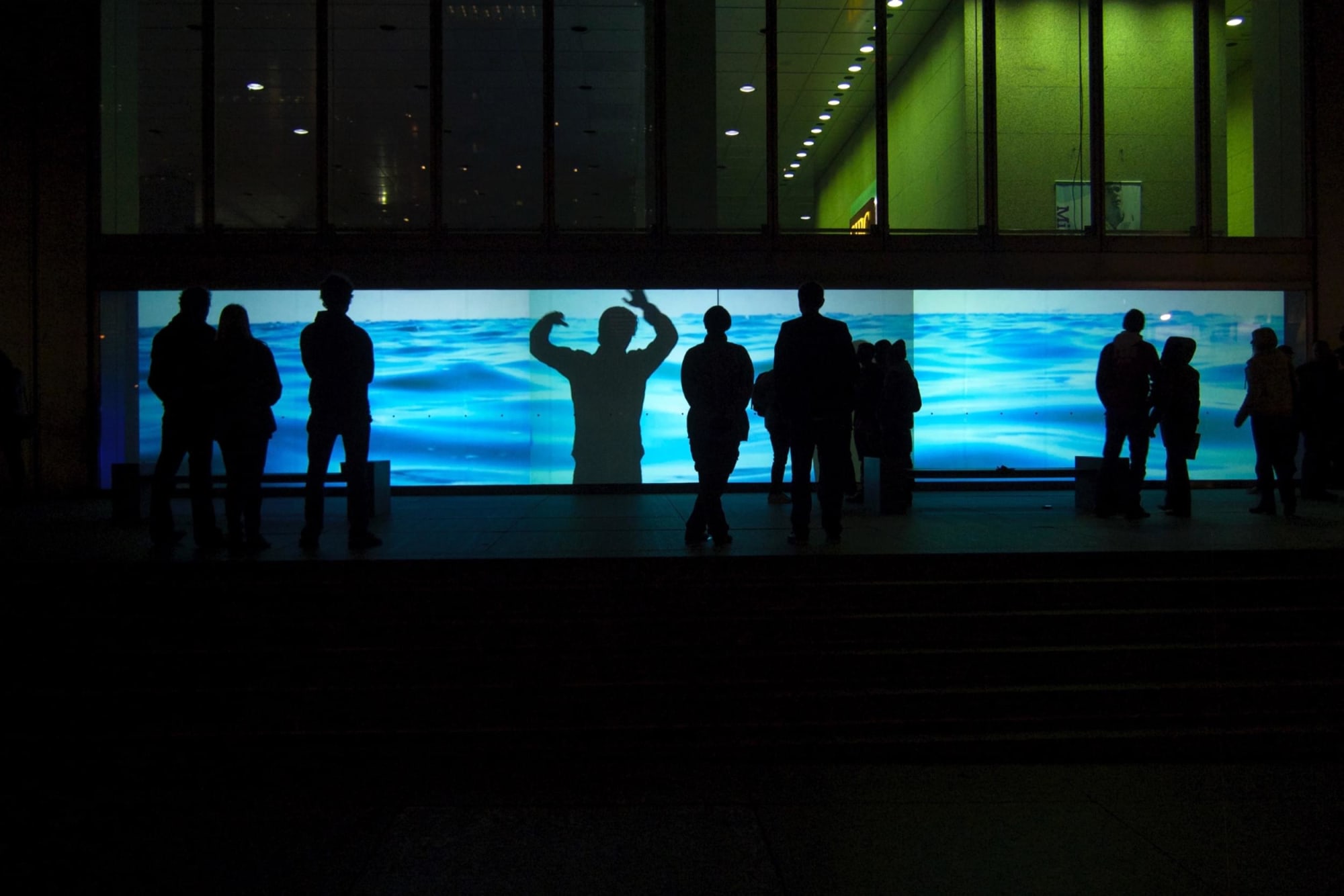 Nighttime photograph of about a dozen people, all with their backs to the camera, looking at the projected image of a body of water in front of them. In the middle of the projected image is a large silhouette of a figure performing a dance maneuver, which is quite striking if you ask me.